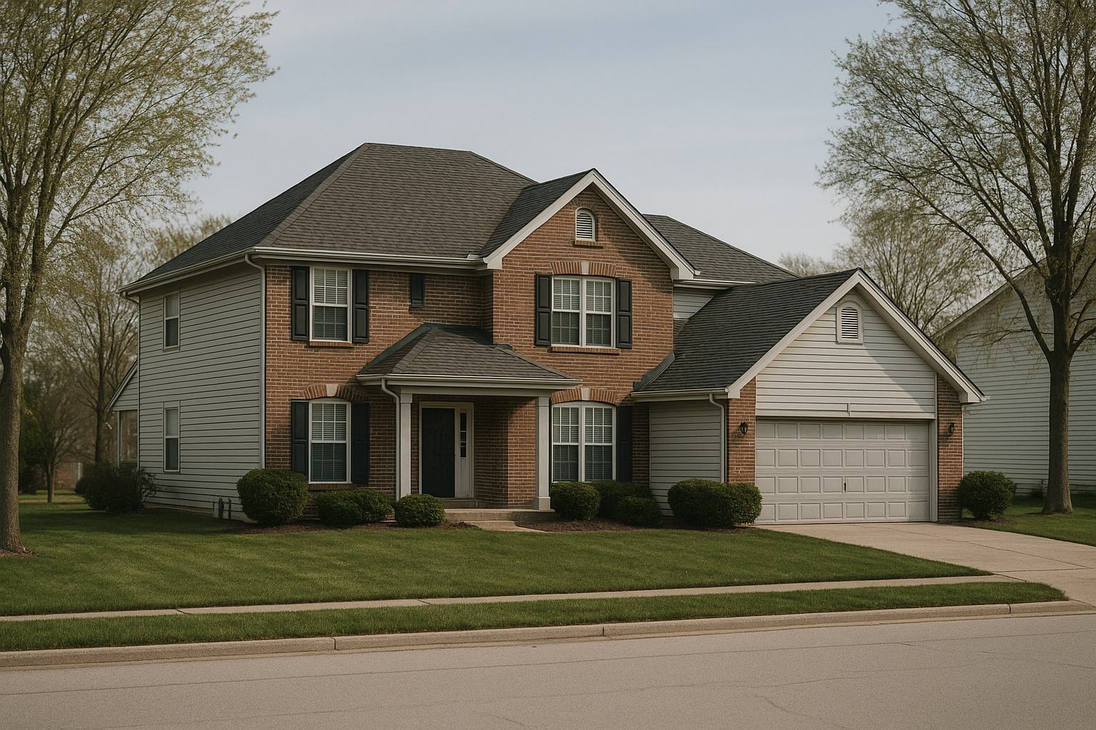 A two storey suburban house seen from the street, brick across the front elevation and pale lap siding around the side, with an attached two car garage. The roof is a main hip crossed by a secondary gable carrying a louvred vent, with a lower porch roof over the entrance, a further gable over the garage bay and a small roof over a projecting upper window, all in charcoal architectural shingle. A wide street, a mown lawn and leafless early spring trees
