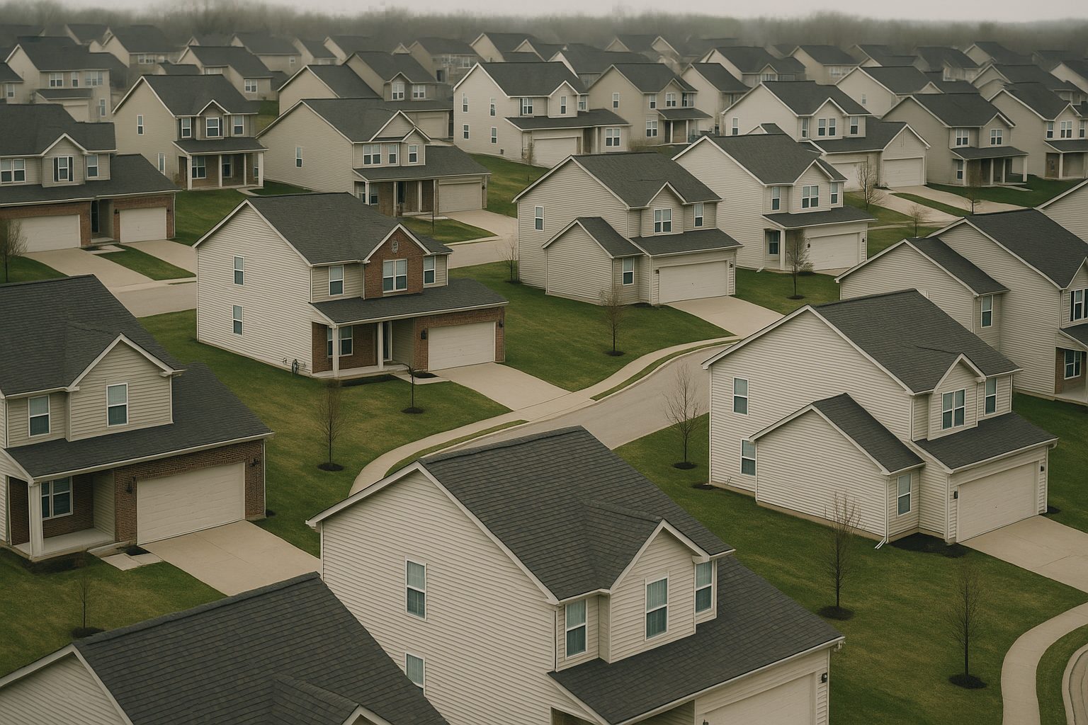 An elevated view across a large modern subdivision under flat overcast light, showing around forty two storey houses standing close together on modest lots, all with charcoal and brown architectural shingle roofs, pale lap siding and brick fronts, attached garages, curving streets between them and young trees in the lawns
