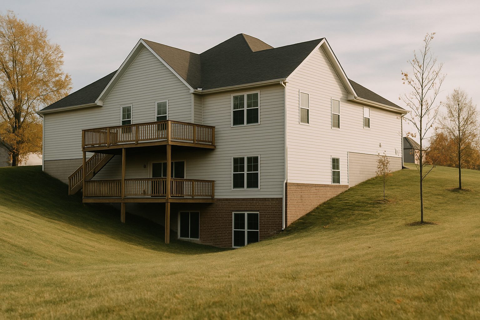 The rear and side of a newer two storey suburban house built into a slope, so the ground falls away and the lower level stands fully exposed with a brick base and sliding doors at its own grade. A raised timber deck with a stair runs across the rear above it, pale lap siding sits above the brick, and mown grass rises to either side under an autumn sky